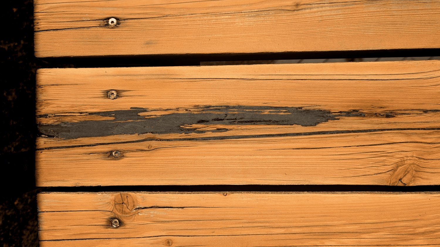 Mit RENOVAID reparierte Holzterrassendiele mit instandgesetztem Schadbereich und angeglichener Oberfläche