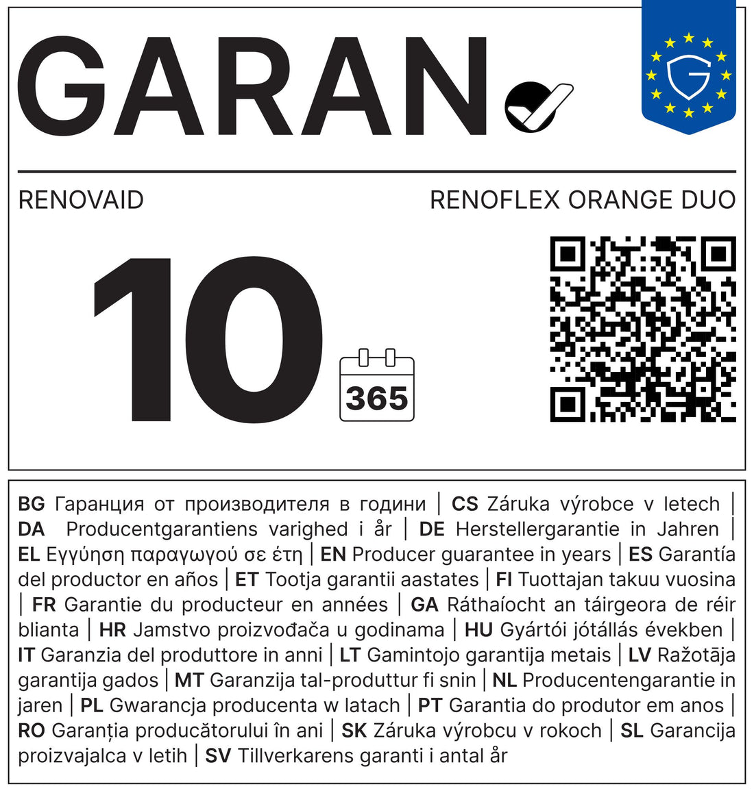 GARAN-Label: Herstellergarantie 10 Jahre, RENOVAID RENOFLEX ORANGE DUO