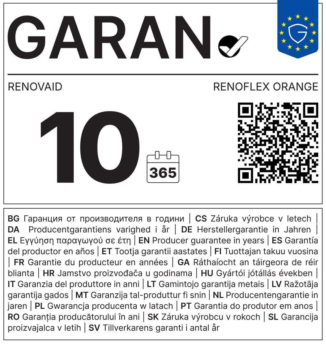 GARAN-Label: Herstellergarantie 10 Jahre, RENOVAID RENOFLEX ORANGE