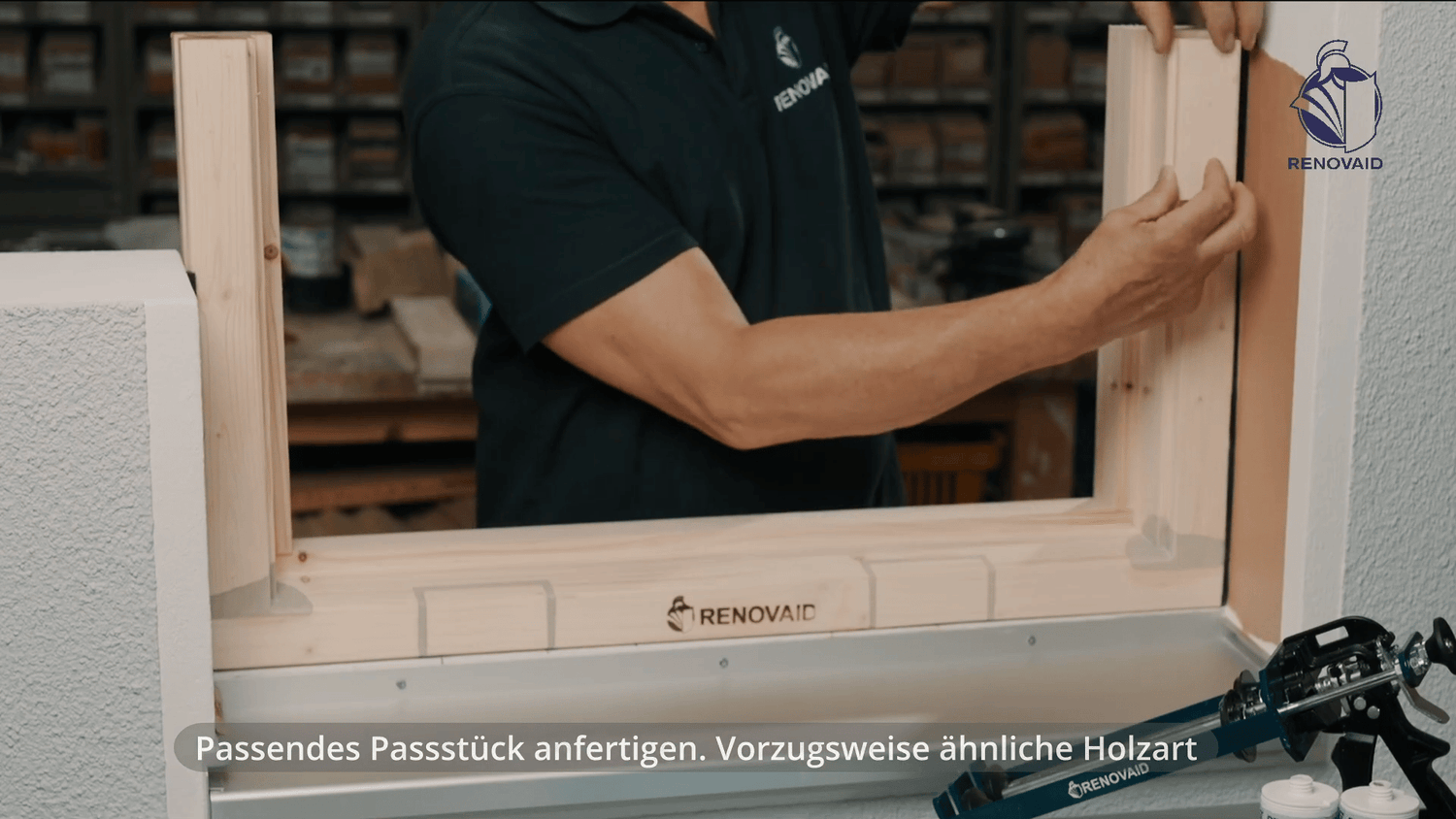 Holz-Passstück eingesetzt und ausgerichtet – vorbereitet für fachgerechte Reparatur mit Renofast