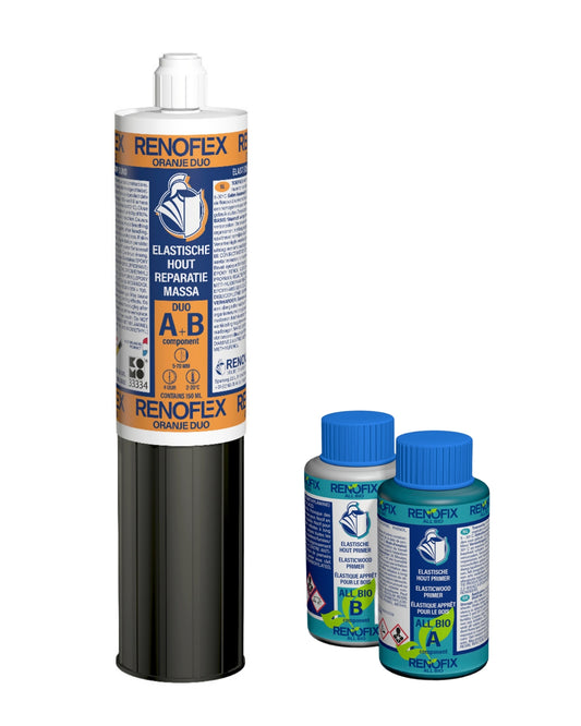 kleines holzreparaturset RENOFLEX Orange Duo 2in1 – kleines Holzfäule-Set – Epoxy-Holzspachtel, Set-Inhalt, mit Primer
