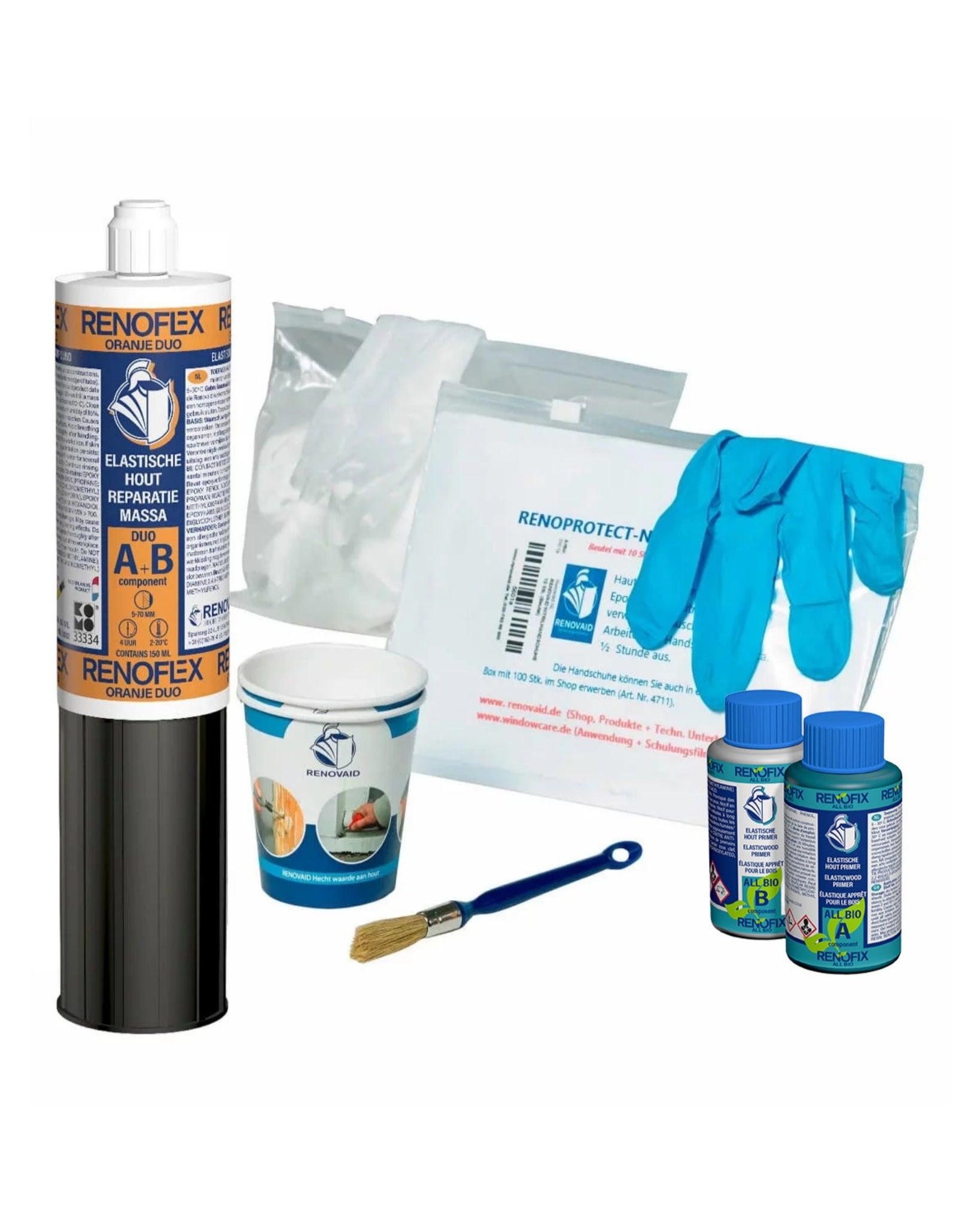 holzreparaturset duo komplett RENOFLEX Orange Duo 2in1 – Holzfäule-Set komplett – Epoxy-Holzspachtel, mit Primer, mit Handschuhen, Reiniugngstücher