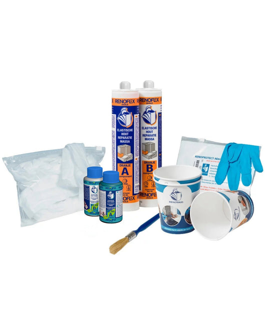 holzfaeule reparaturset komplett RENOFLEX Orange – komplettes Reparatur-Set – Epoxy-Primer, mit Handschuhen, mit Reinigungstücher