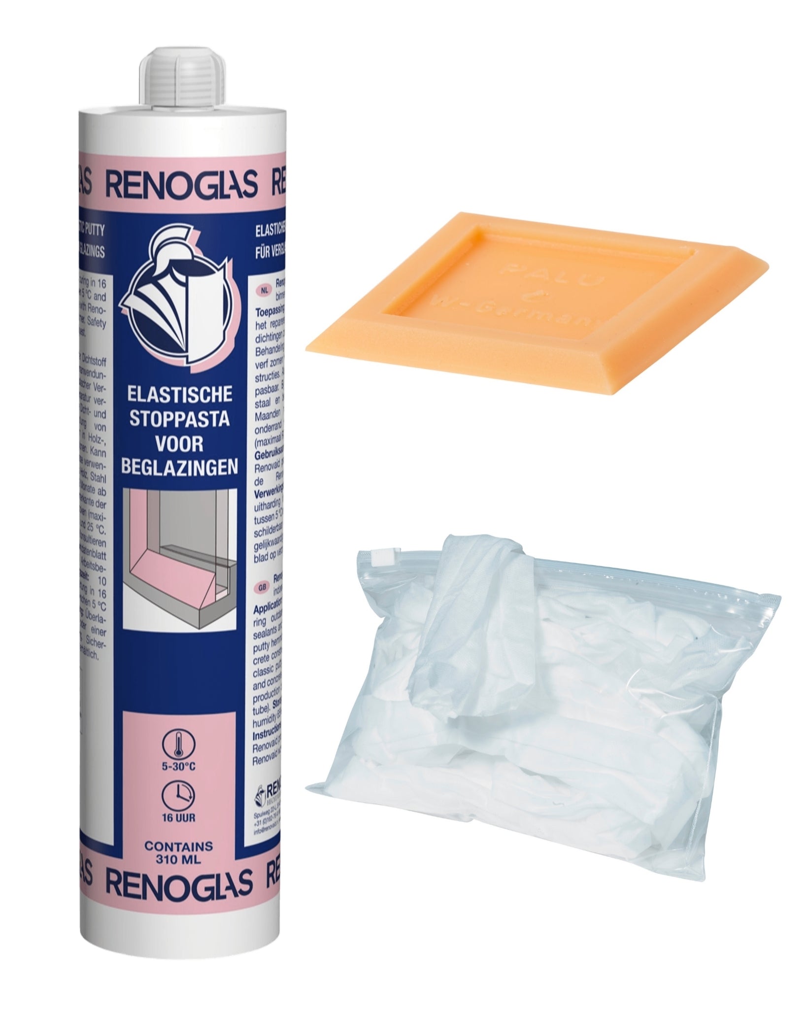 Fensterkitt Set RENOGLAS kleines Reparaturset – Set-Inhalt, mit Reinigungstüchern und Kittabstreifer