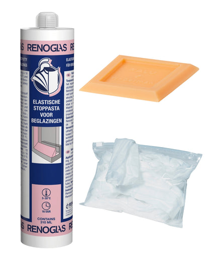 Fensterkitt Set RENOGLAS kleines Reparaturset – Set-Inhalt, mit Reinigungstüchern und Kittabstreifer