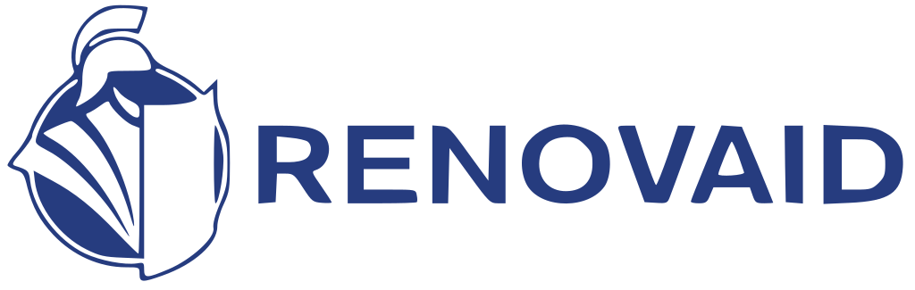 RENOVAID Logo in Blau mit stilisiertem Schutzhelm-Emblem und Schriftzug auf transparentem Hintergrund
