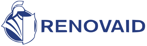 RENOVAID Logo in Blau mit stilisiertem Schutzhelm-Emblem und Schriftzug auf transparentem Hintergrund