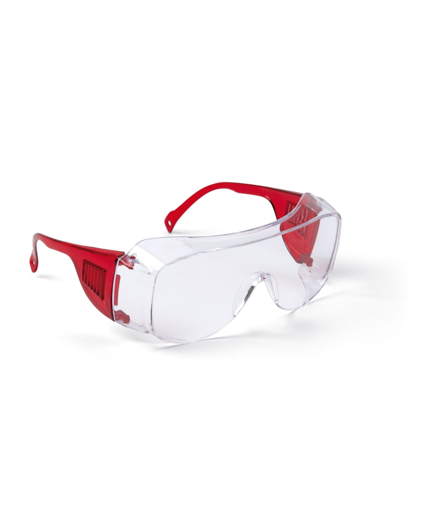 RENOSCHUTZ Schutzbrille mit seitlichem Schutz, klare Scheibe mit roten Bügeln